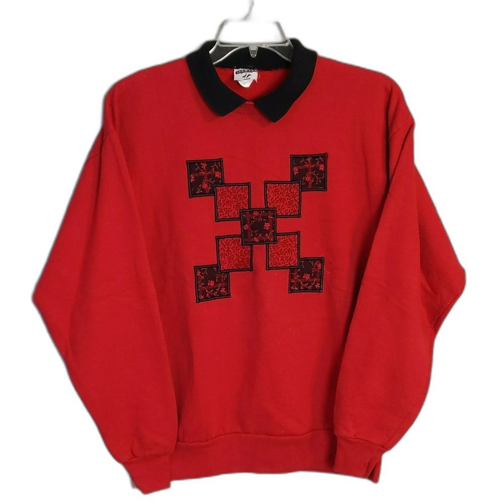 Red Black Collared Embroidered Sweatshirt Adult L VINTAGE